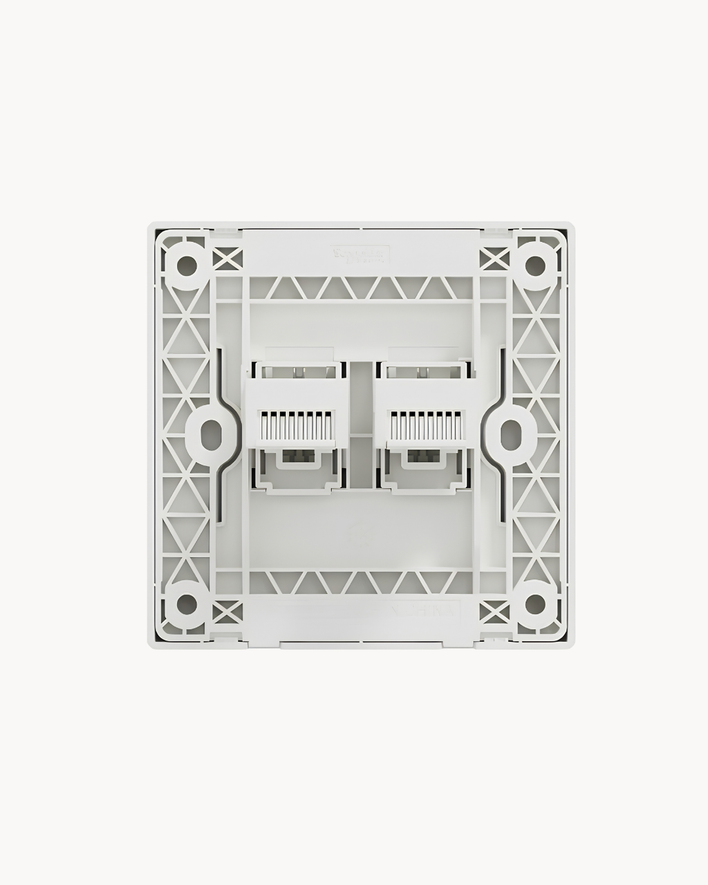 Schneider Vivace E 2 gang shuttered data outlet, white, angled view
