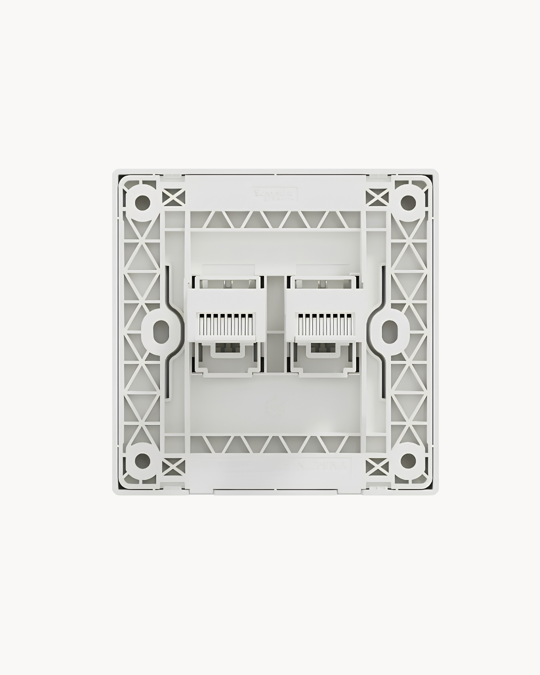 Schneider Vivace E 2 gang shuttered data outlet, white, angled view