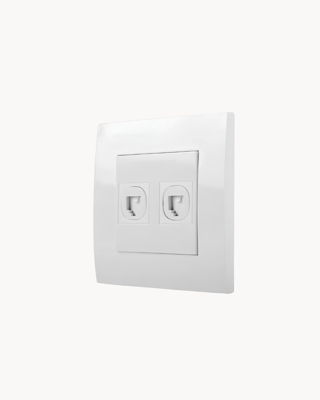 Schneider Vivace 2 gang shuttered telephone outlet, white, angled view