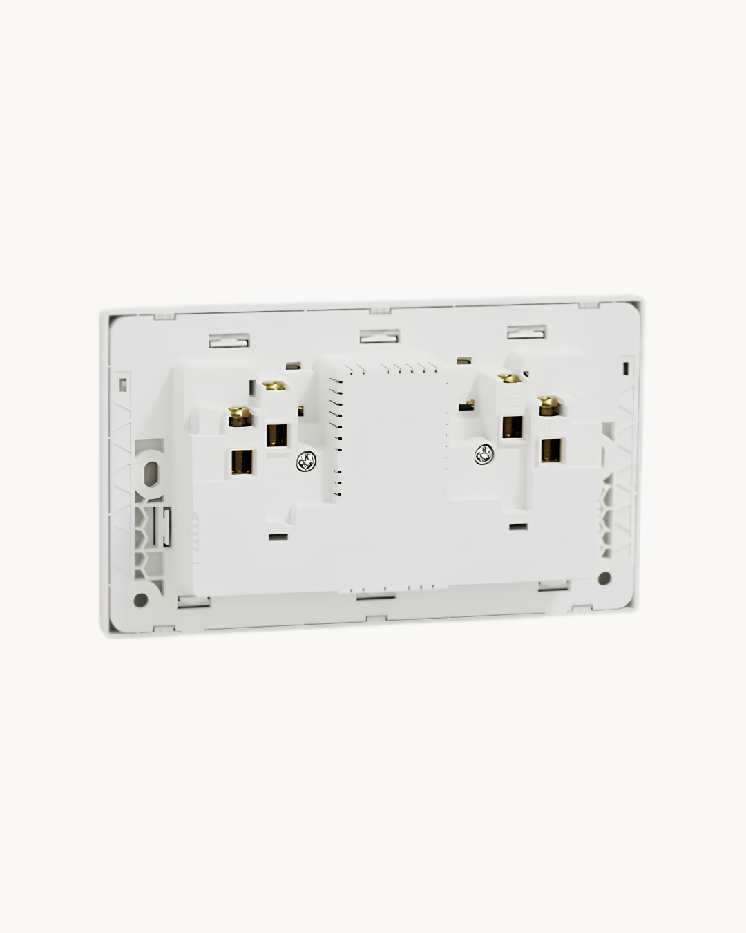 Schneider Vivace E 13 A duplex international switched socket, white, angled view