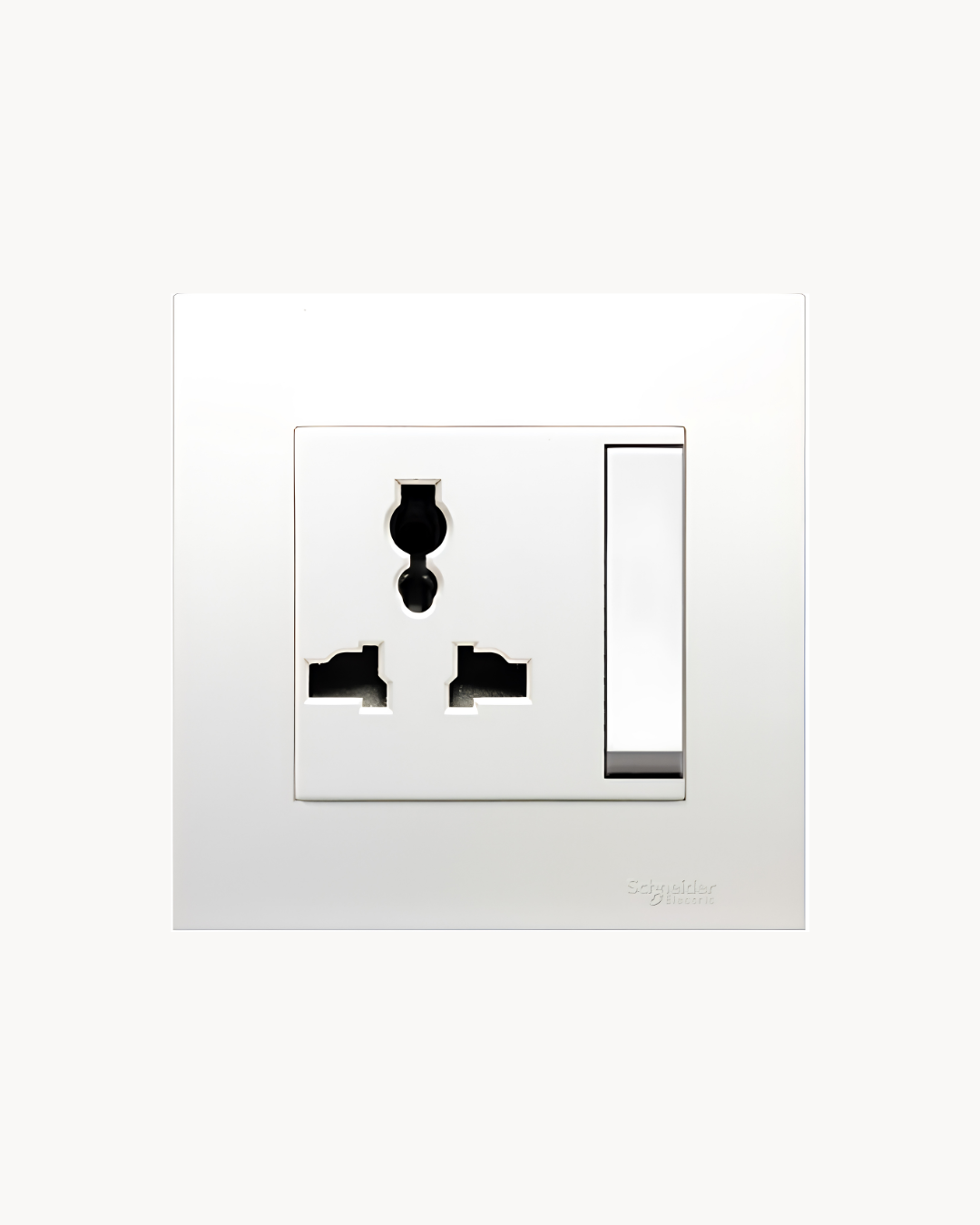 Schneider Vivace 13 A international switched socket, white, angled view