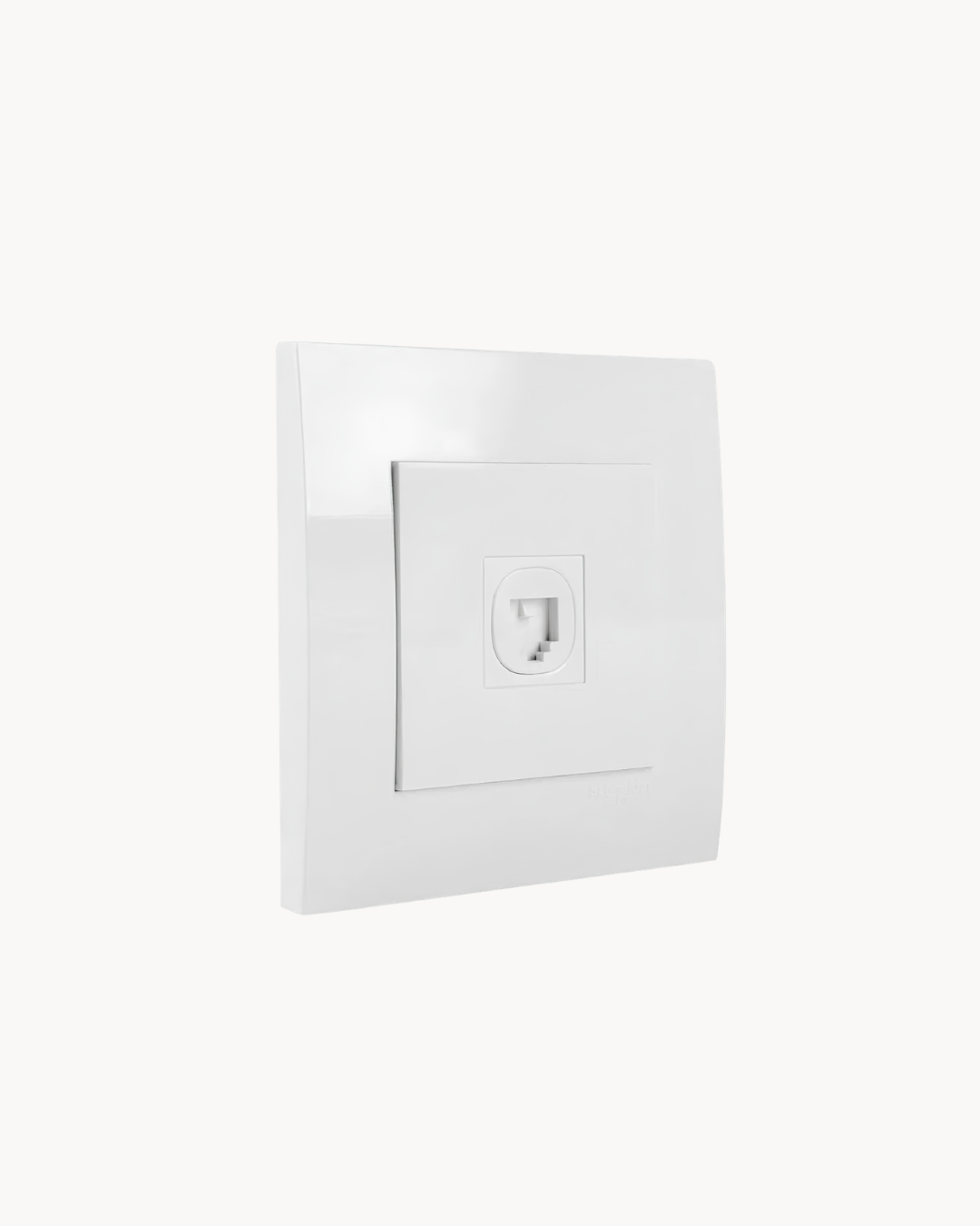 Schneider Vivace 1 gang shuttered telephone outlet, white, angled view