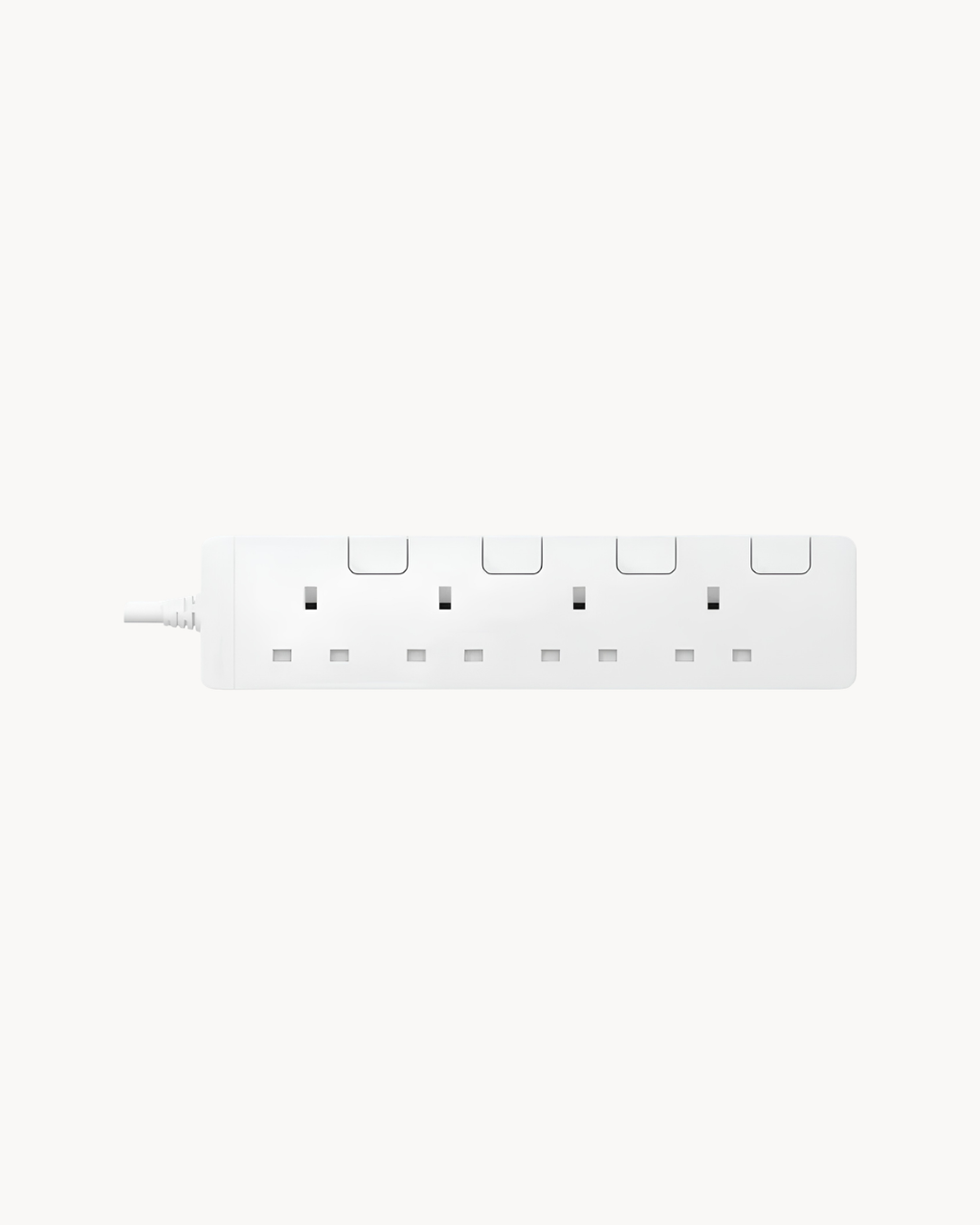 Schneider 4 gang trailing socket, white, angled view