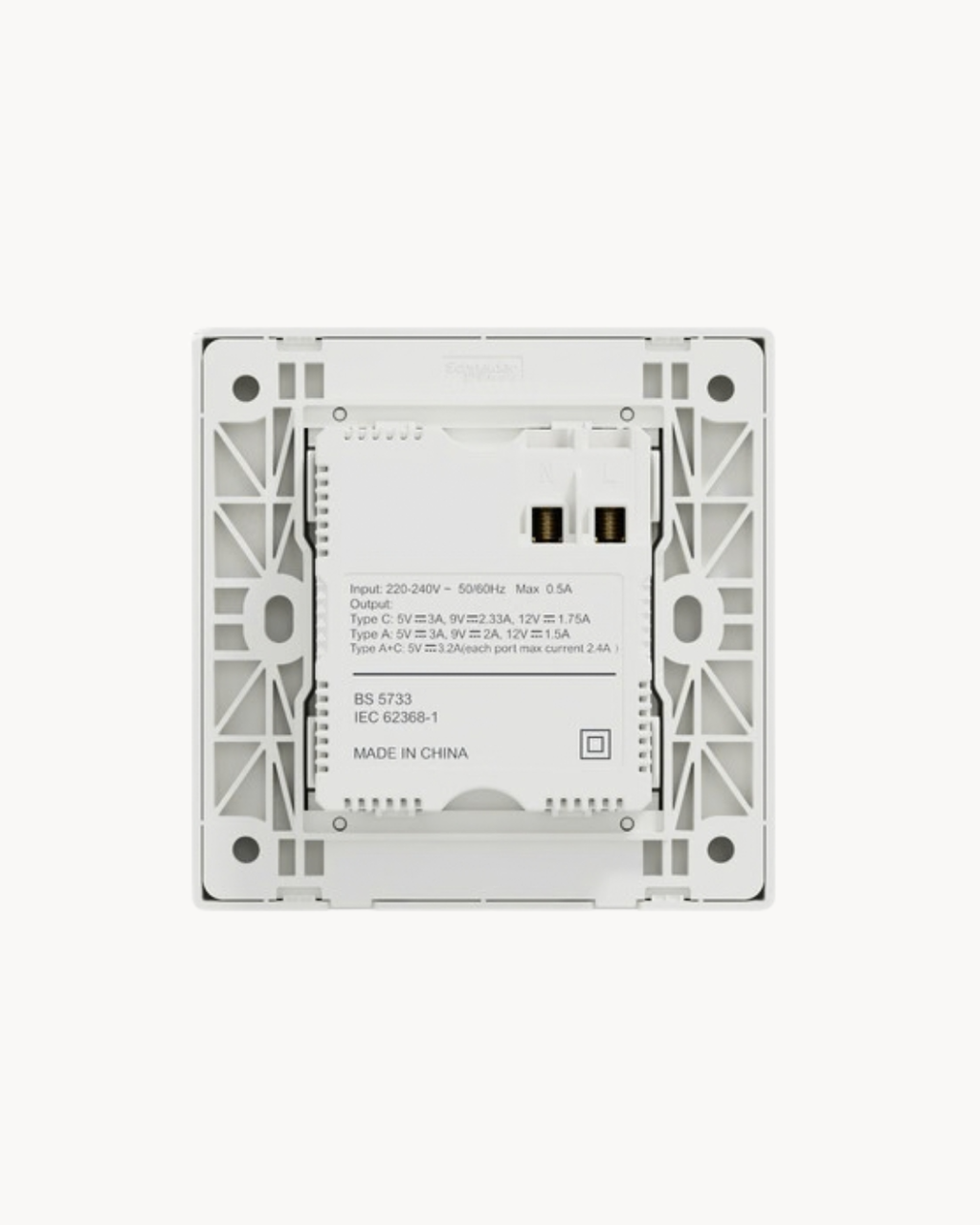 Schneider Vivace E 21W USB A and C charger, white, angled view