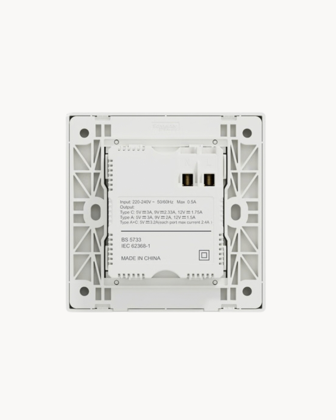 Schneider Vivace E 21W USB A and C charger, white, angled view