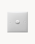 Schneider S-Classic IP54 weatherproof bell press, white, angled view