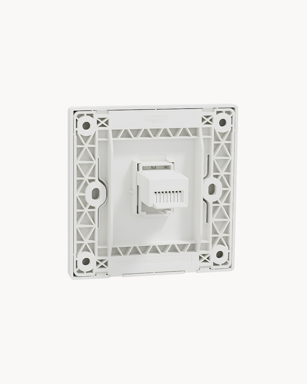 Schneider Vivace E 1 gang shuttered data outlet, white, angled view