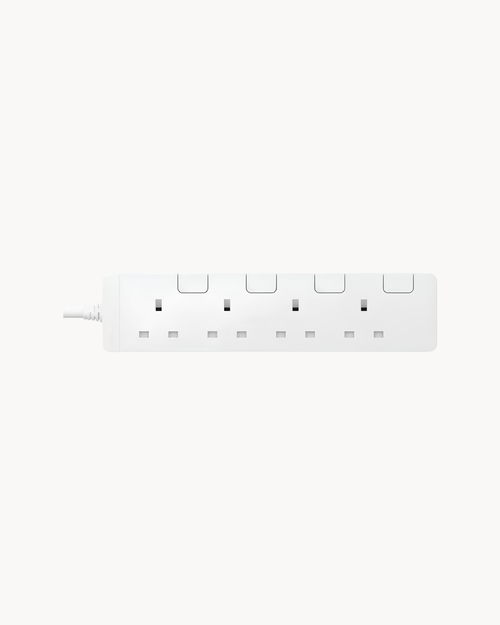 Schneider 4 gang trailing socket, white, angled view