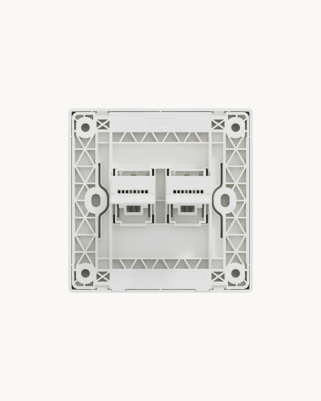 Schneider Vivace E 2 gang shuttered telephone outlet, white, angled view