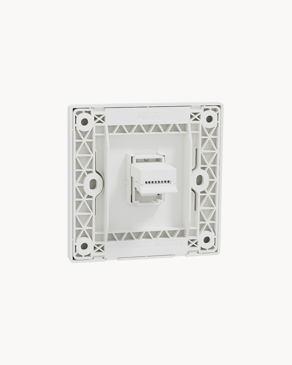 Schneider Vivace E 1 gang shuttered telephone outlet, white, angled view